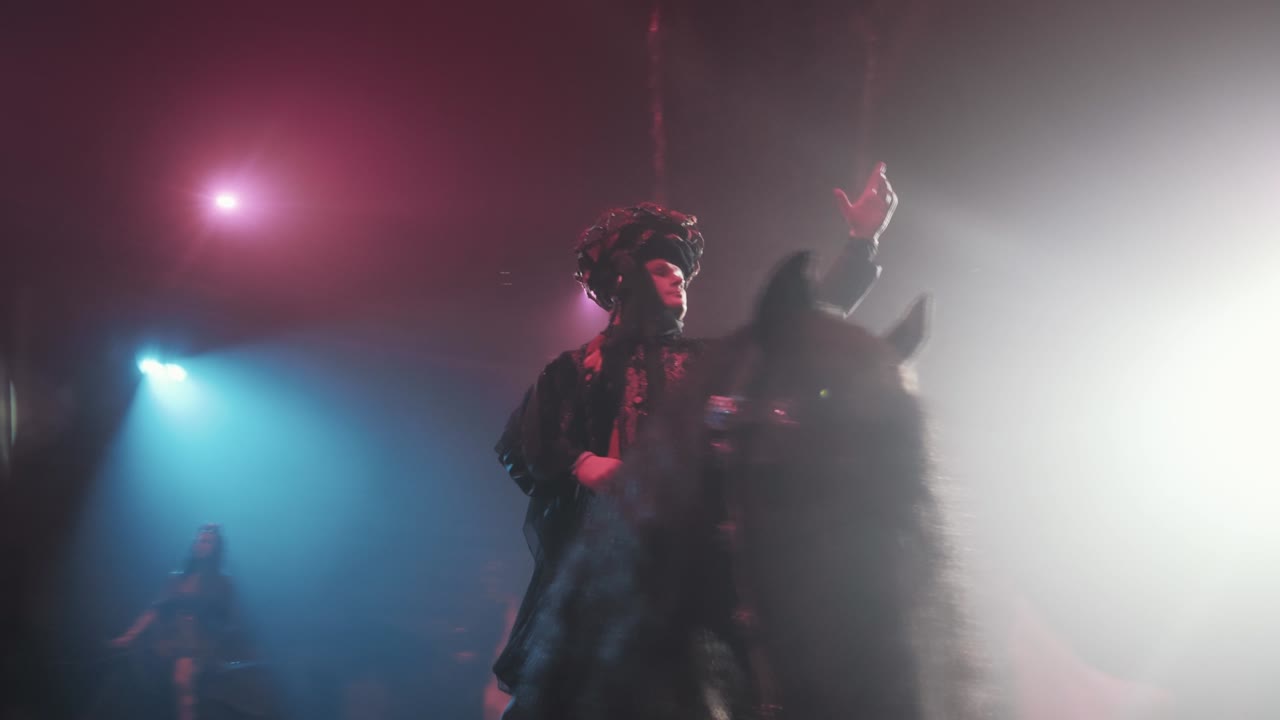 un jinete en un hermoso caballo de pura sangre agita su mano a la luz de los reflectores, el resplandor de la luz, la cámara lenta