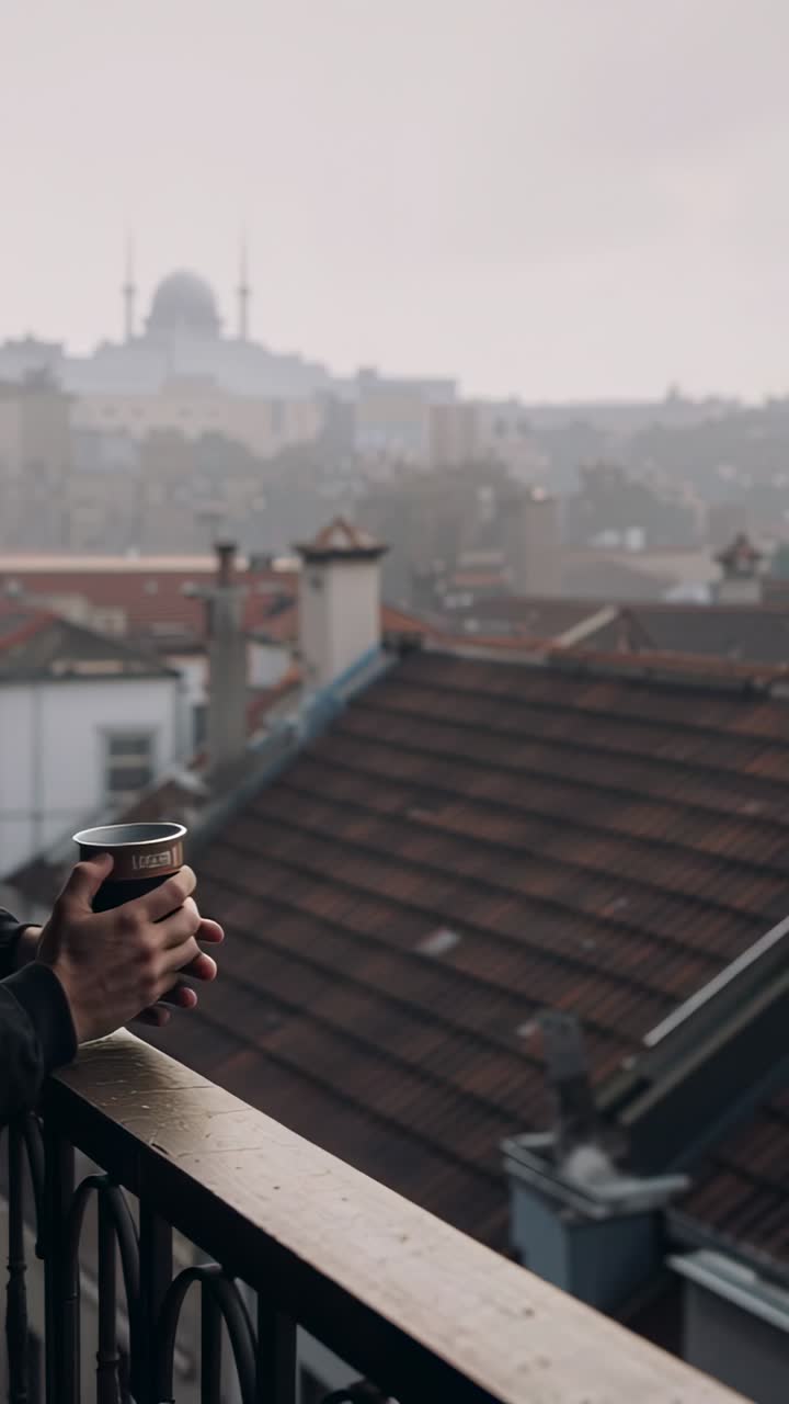 Vertical video: Holding adult hands warming cup on rail dark cuff roofs domed minaret, copy space