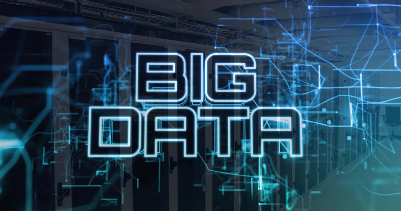 Flickering blue lines converging center, forming BIG DATA text over racks to visualize data flow