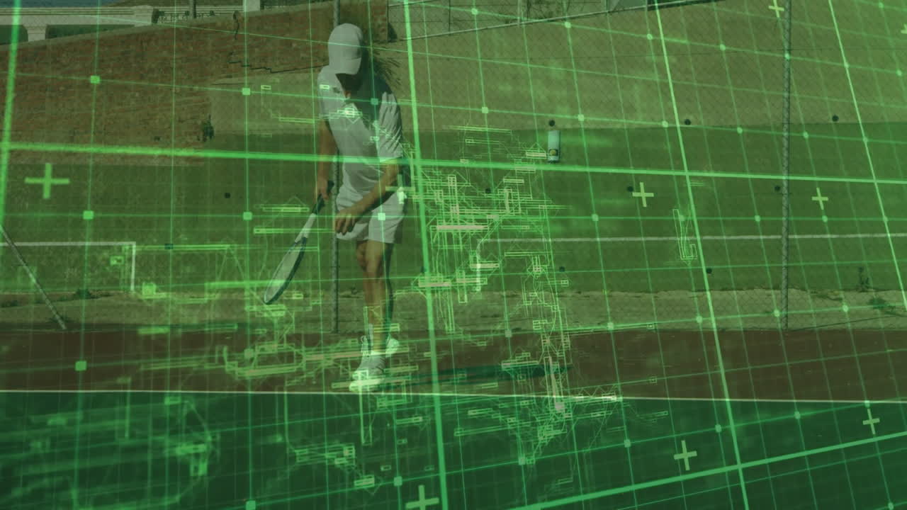 Male tennis player bouncing ball and holding racket on clay court, with green tech grid overlay