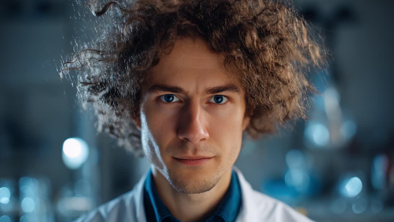 Scienziato concentrato in laboratorio con caratteristici capelli ricci, catturato in due inquadrature, che mostrano determinazione e intensità in un ambiente di ricerca