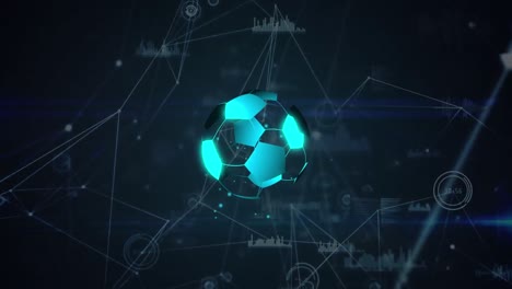 Animation-of-digital-football-over-network-of-connections-with-data-processing-on-black-background