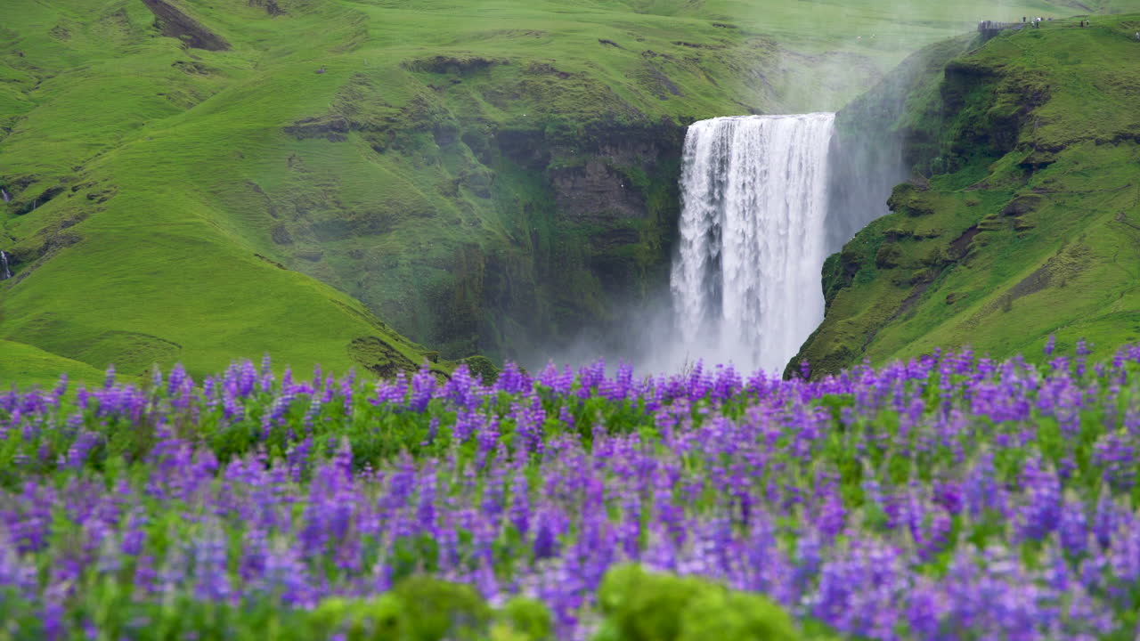 la cascada de skogafoss en islandia en verano.