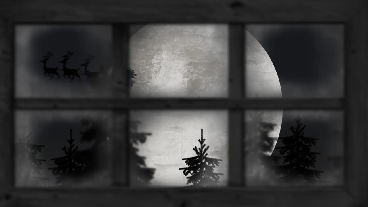 렌더와 겨울 크리스마스 장면에 의해 끌려가는  ⁇ 매에서 산타클로스의 실루 ⁇ 의 애니메이션