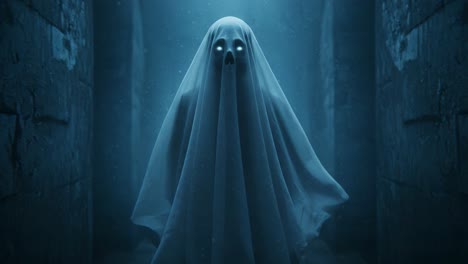 a haunting specter draped in white, illuminated eerily from below, emerges within shadowy stone corridors, embodying eerie suspense and supernatural mystery