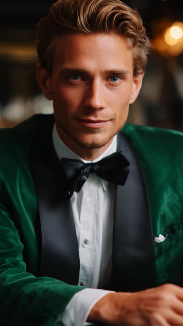 Sophisticated Elegance: Captivating Portrait of a Dapper Young Man in a Green Tuxedo with Bow Tie, Showcasing Charm and Style in a Luxurious Atmosphere