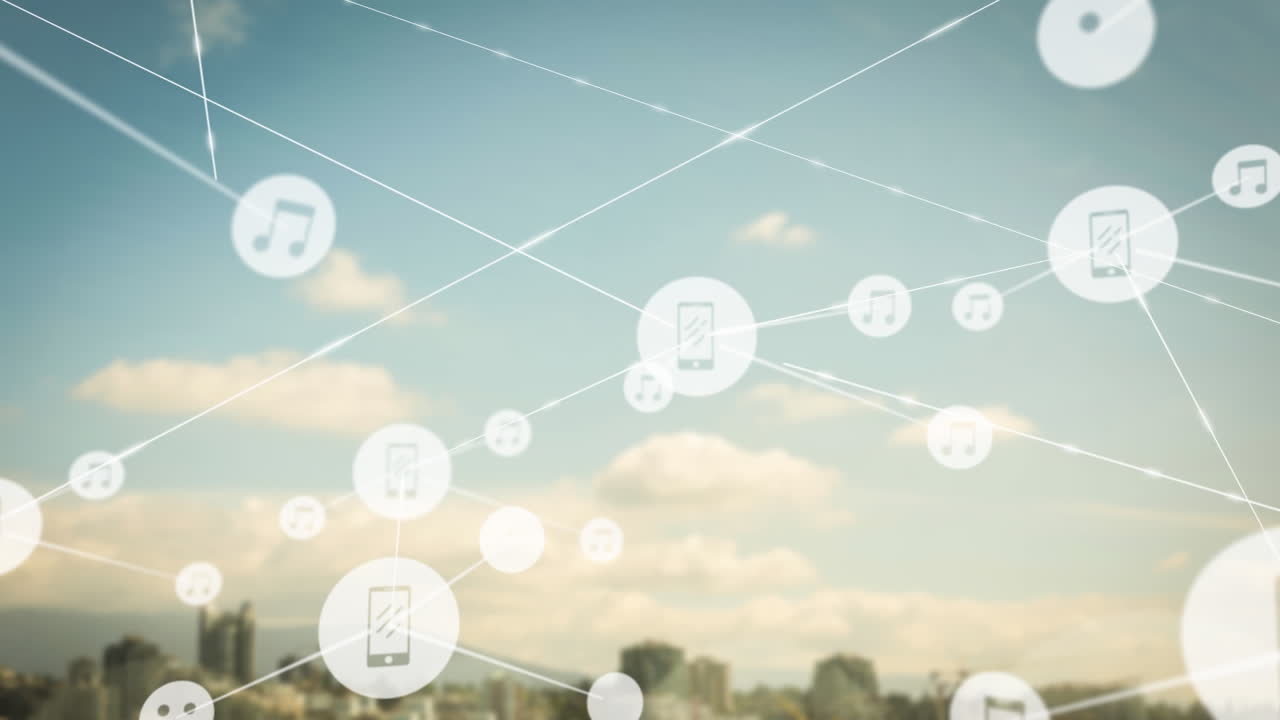 도시 풍경 위의 아이콘으로 연결된 네트워크의 애니메이션