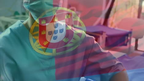 animation of flag of portugal waving over surgeons in operating theatre