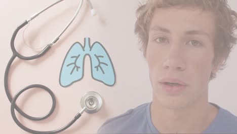 animation of caucasian man with inhaler over lungs and stethoscope