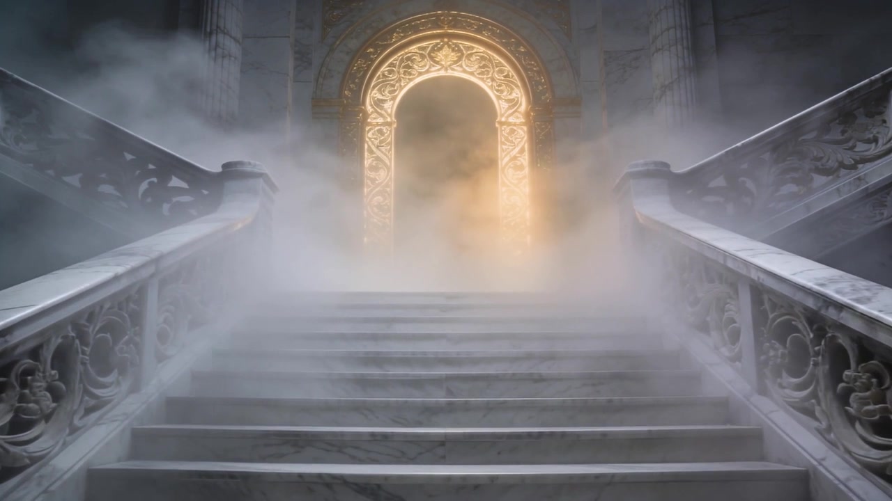Nebbia bassa che forma un sottile velo alla base di un arco dorato, scendendo scale di marmo con balaustre intagliate.