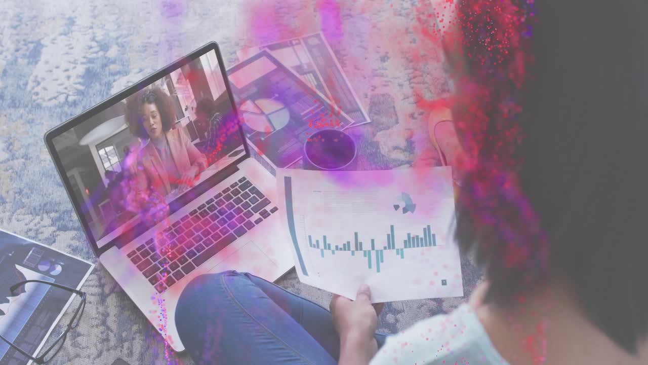 Woman following presenter shifting chart generating magenta particles highlighting business data