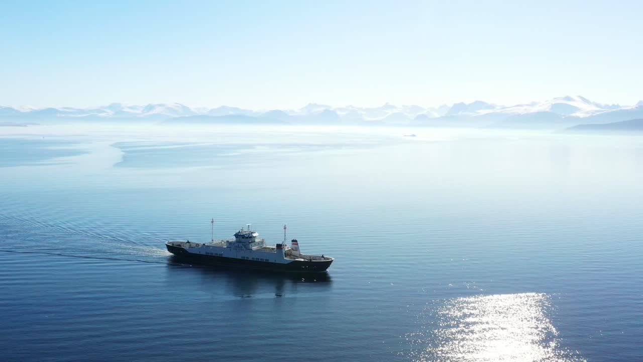 The car ferry MF "Ivar Aasen" on its way across the fjord between Solholmen and Mordalsv&aring;gen