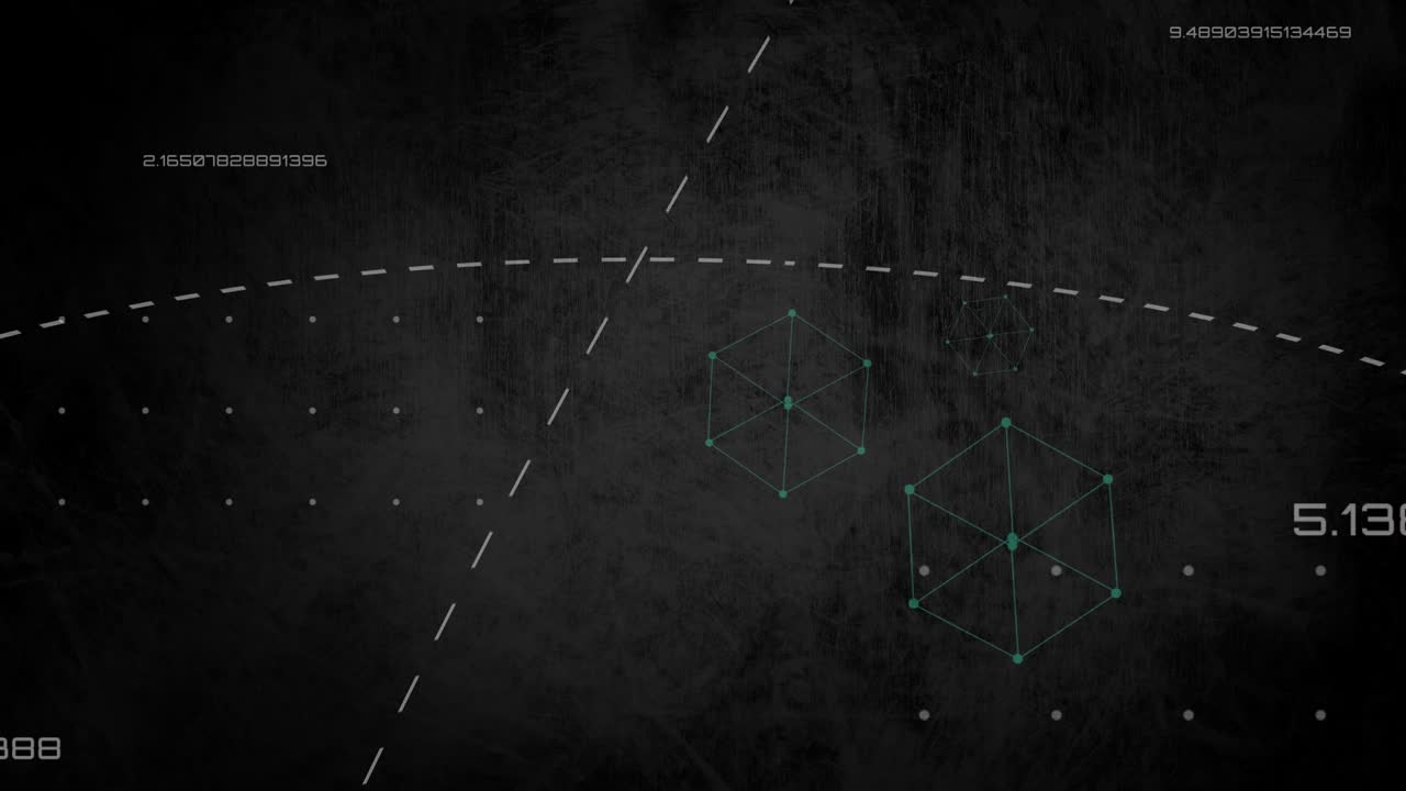 Animation of illustrative lines and cubes moving with counter on black background, copy space