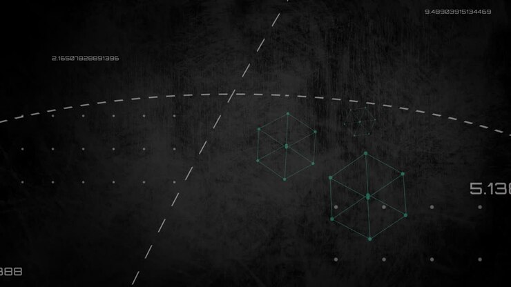 Animation of illustrative lines and cubes moving with counter on black background, copy space