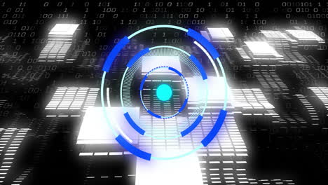 Animation of binary coding digital data processing over scope scanning on black background