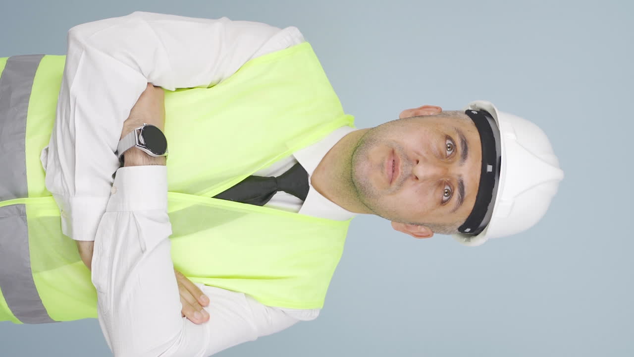 Video vertical de ingeniero mirando hacia arriba y sosteniendo su sombrero
