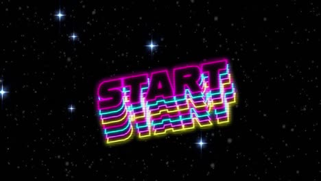 animation of start text in pink blue and yellow letters over spots of light