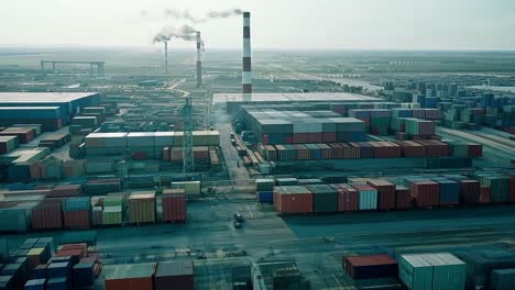 aerial view showcasing a large container terminal with numerous containers awaiting loading for shipping operations