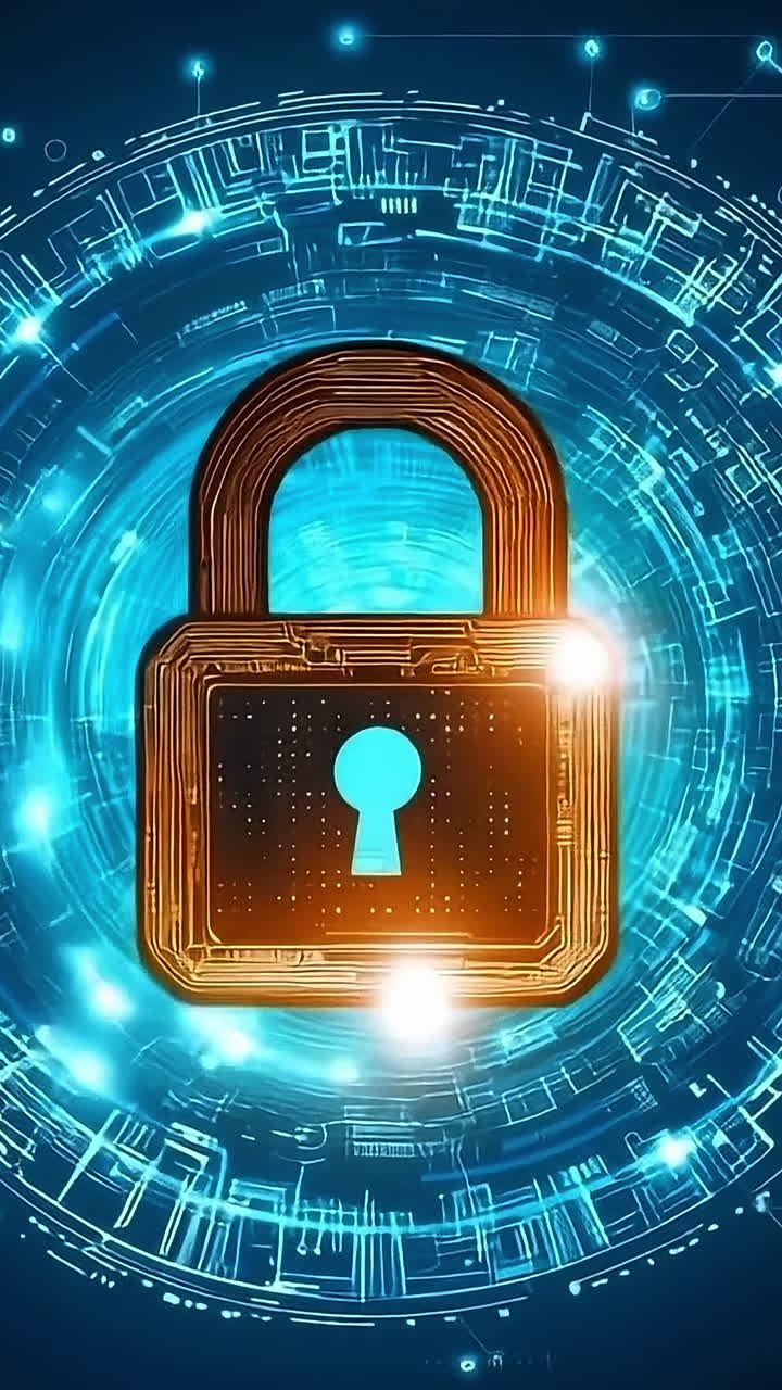 Digital lock cybersecurity. A digital lock is displayed against a blue circuit background, symbolizing online security and protection of data.