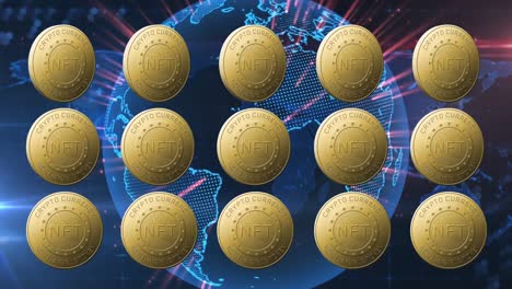 animation of nft text on golden coins and network of connections over dark background