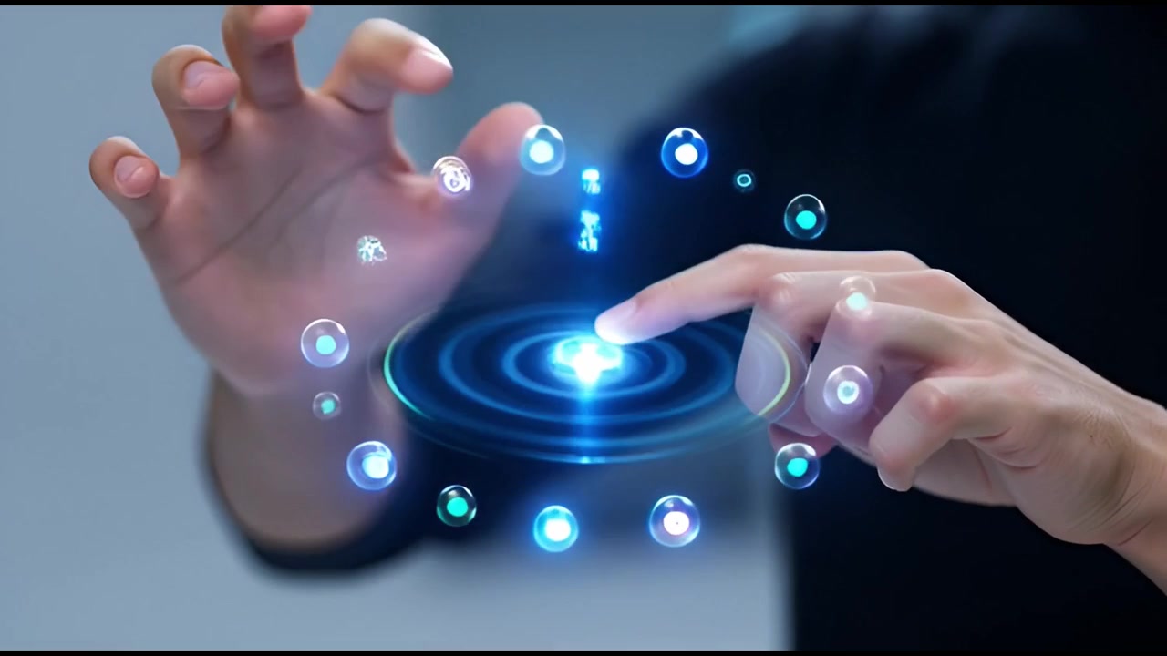 Young Man Interacting with Futuristic Holographic Interface and Glowing Orbs