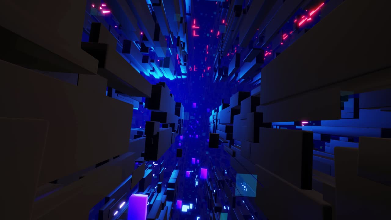 concepto de tecnología de la información. escena espacial. azul oscuro sci fi bg volar a través del espacio digital tecnológico como en la luz de neón del túnel. flujo de información de alta tecnología en blockchain o bigdata. diseño de movimiento bg en bucle 3d