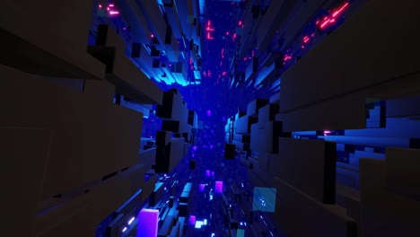 information technology concept. space scene. blue dark sci fi bg fly through tech digital space like in tunnel neon light. hi-tech information flow in blockchain or bigdata. 3d looped bg motion design