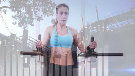 stock market data animation over woman exercising on parallel bars outdoors