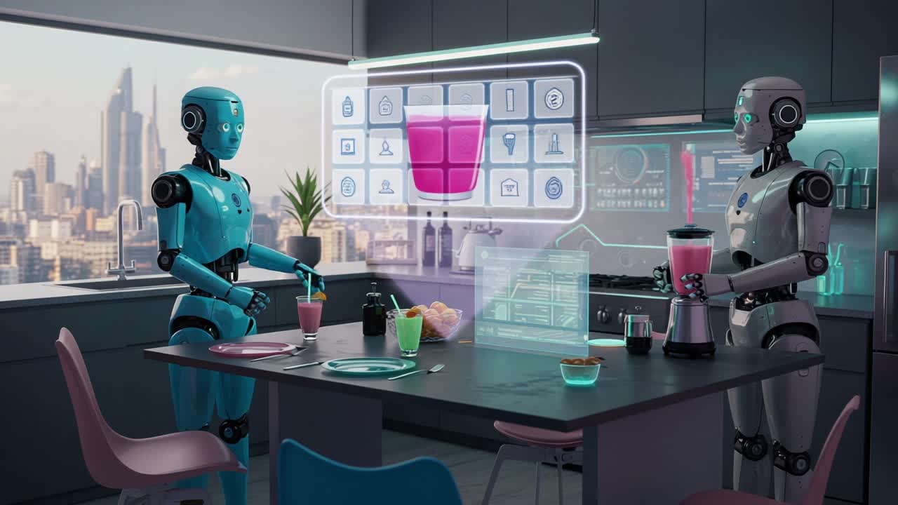 In a futuristic kitchen, two advanced robots interact while preparing beverages, showcasing the integration of technology and modern living in a vibrant urban setting