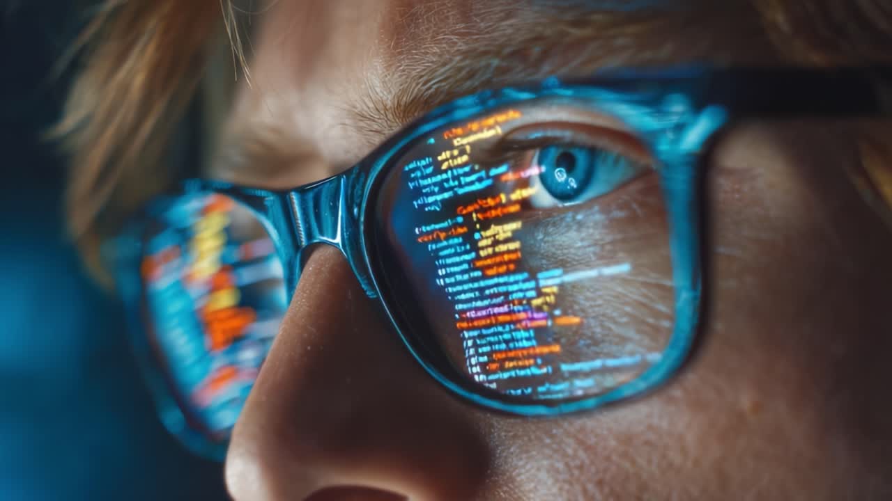 A close-up view of a focused individual wearing glasses, revealing intricate lines of colorful code reflected in their lenses, emphasizing their engagement with programming
