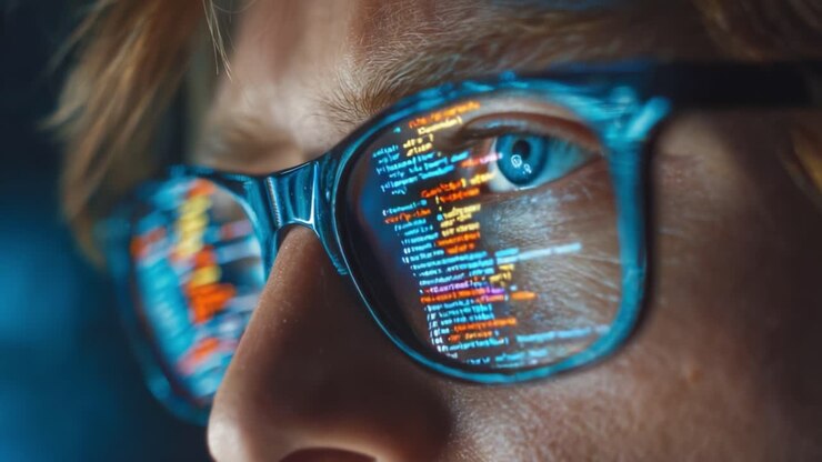 A close-up view of a focused individual wearing glasses, revealing intricate lines of colorful code reflected in their lenses, emphasizing their engagement with programming