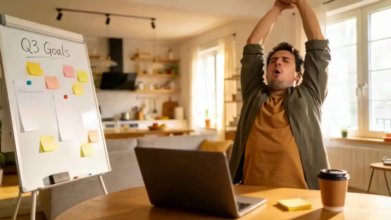 Pria meregangkan tubuh mengenakan kaus mustard dan kemeja zaitun, beristirahat dari laptop di rumah dengan papan tulis 'Q3 Goals'.