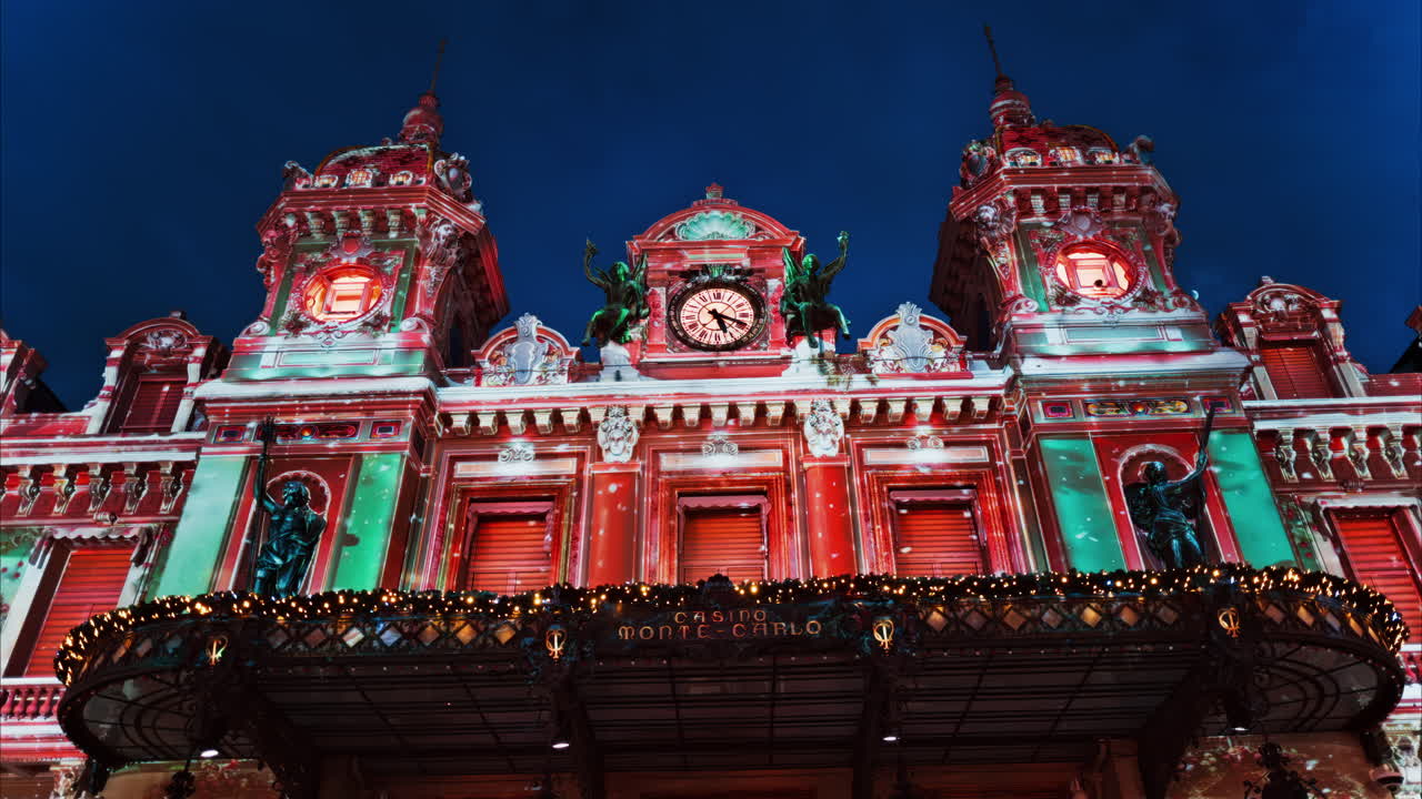 Monte Carlo, Monaco - December 14, 2024: Front view of the Monte Carlo Casino decorated for Christmas in the evening