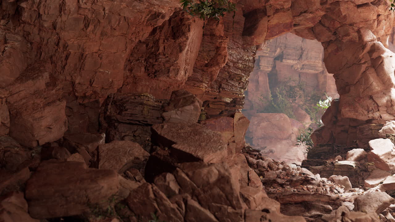 una cueva de piedra caliza con plantas y sol dentro