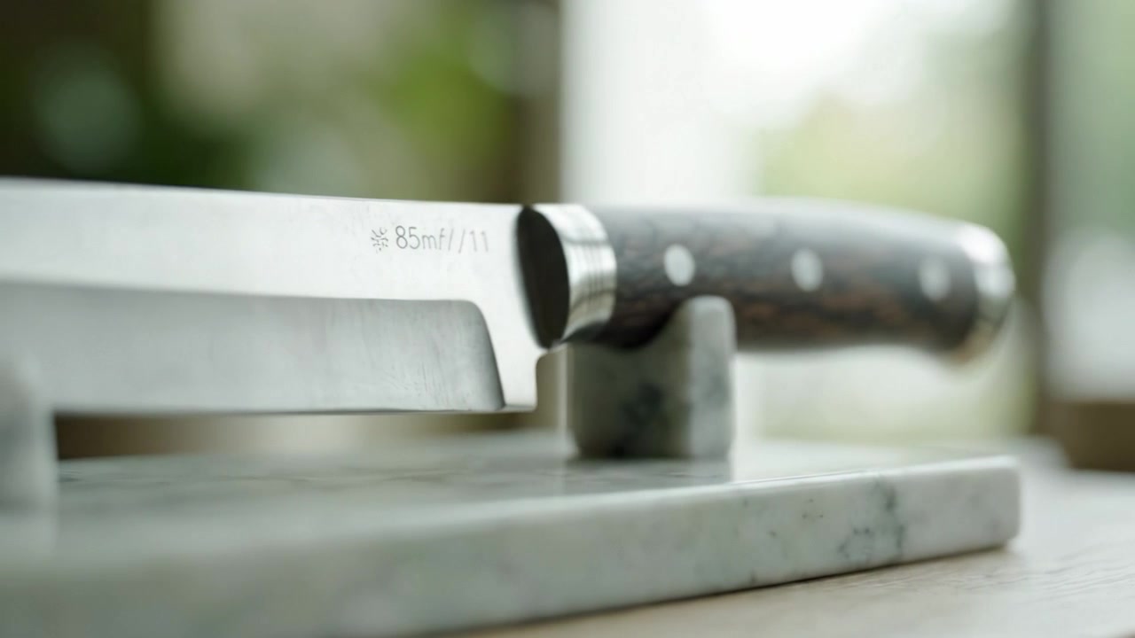 Close-up of a beautifully designed kitchen knife resting on a marble holder, showcasing its elegant blade and wooden handle in a bright, well-lit environment.