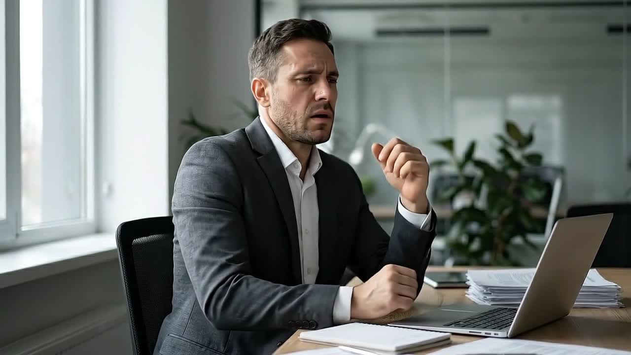 Frustrated Businessman Experiencing Burnout at Office Desk