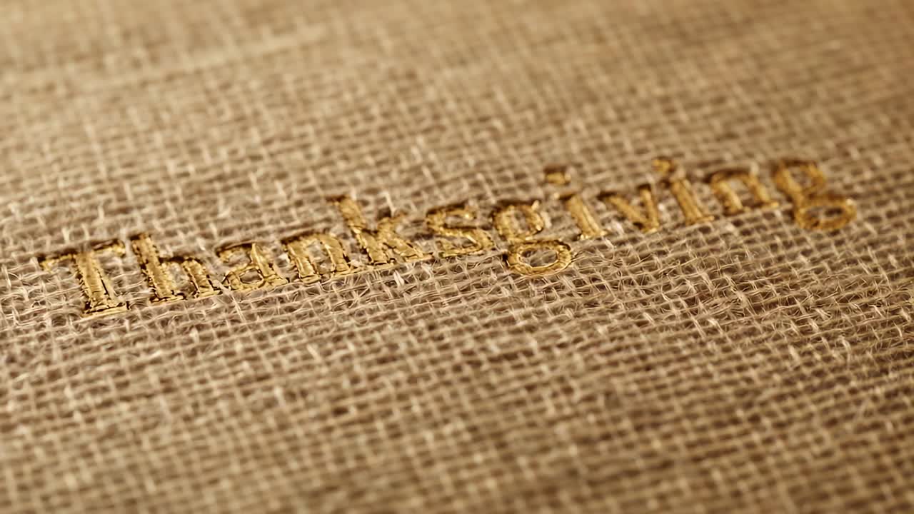 Pulling focus camera in studio revealing embossed gold Thanksgiving on beige weave with warm light