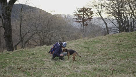 person and dog hiking in nature