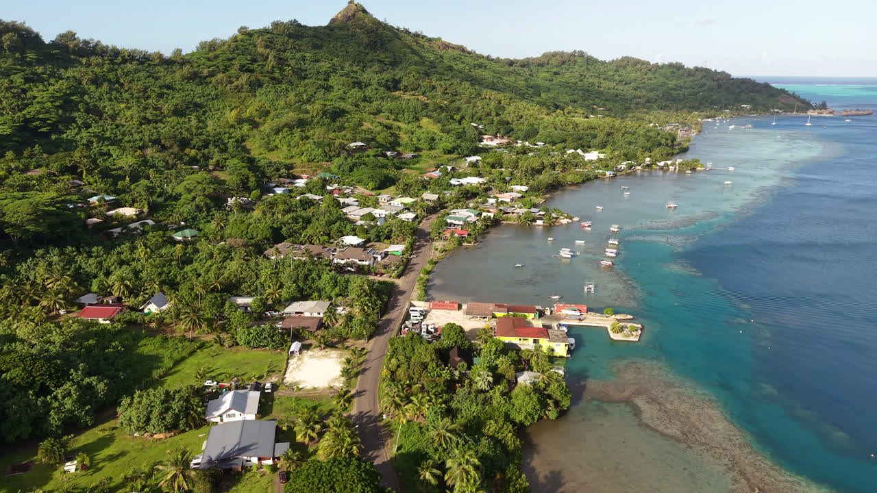 Isola di Bora Bora, Polinesia Francese. Ripresa aerea di un villaggio costiero e vegetazione tropicale lussureggiante