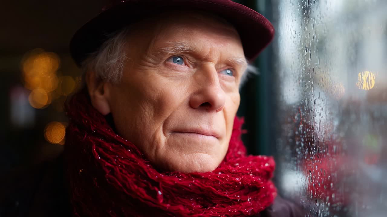 A Thoughtful Man Gazes Out the Window on a Rainy Day, Illuminated by the Soft Glow of Surrounding Lights, Wrapped Warmly in a Red Scarf, with a Vintage Hat, Reflecting on Life's Journey and Memories