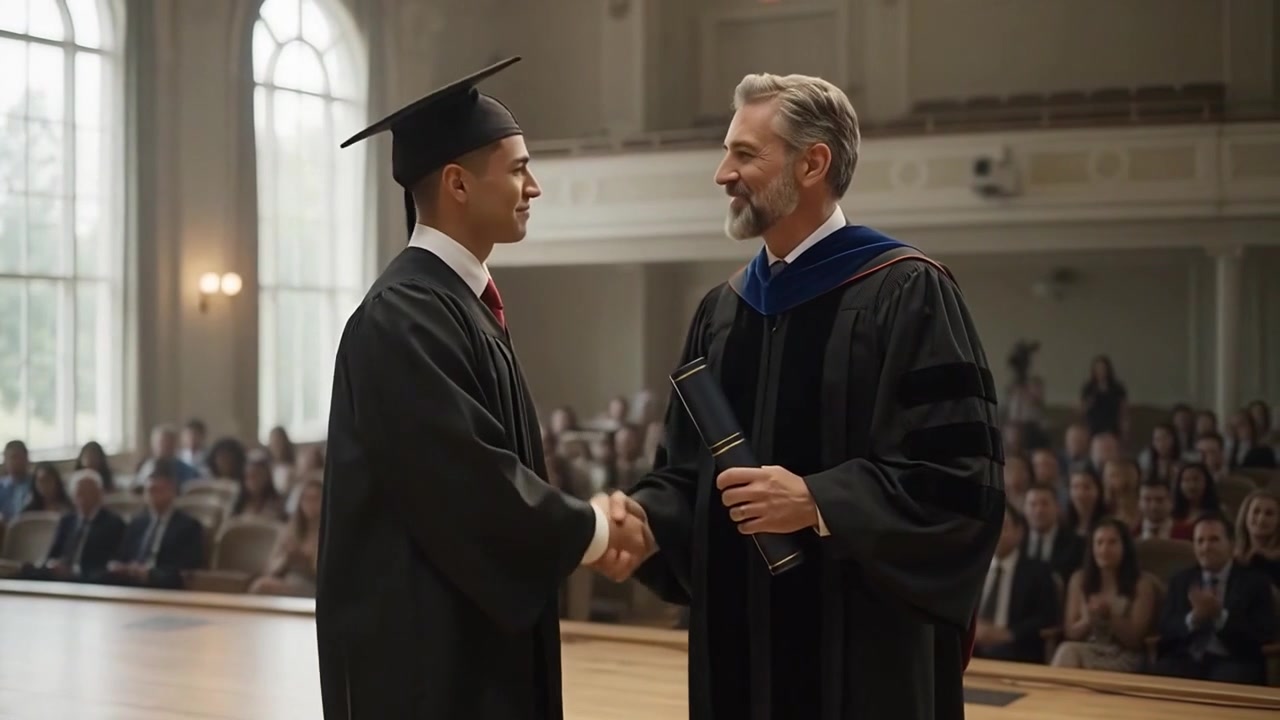 Graduate Receiving Diploma from Professor at Commencement Ceremony