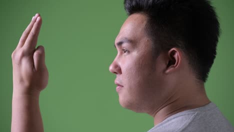 초록색 배경에 젊은 잘생긴 과체중 아시아인