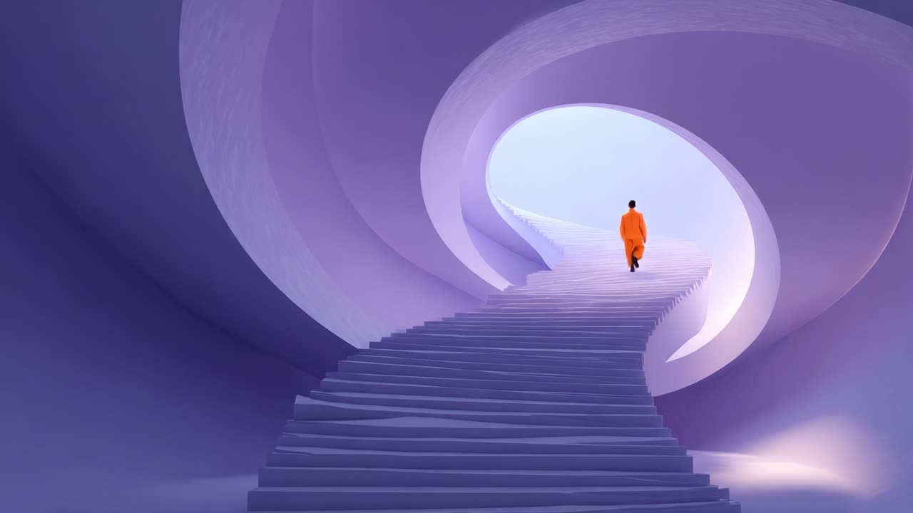 A lone figure in an orange robe ascends a spiraling staircase within a surreal, softly lit environment, embodying a journey of introspection and enlightenment amid serene, flowing forms