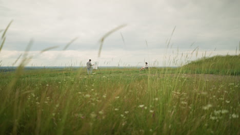 an artist wearing a hat and checkered shirt paints on an easel in a tranquil field of tall grass under a cloudy sky, while a woman relaxes on a chair nearby, peaceful creativity in nature's embrace