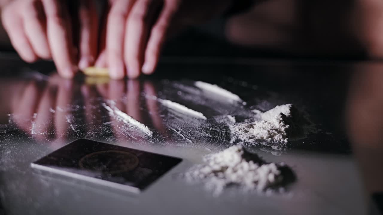 Náladové tlumené světlo odhaluje rekvizitu s bílým práškem na stole, poblíž je jemný pohyb ruky