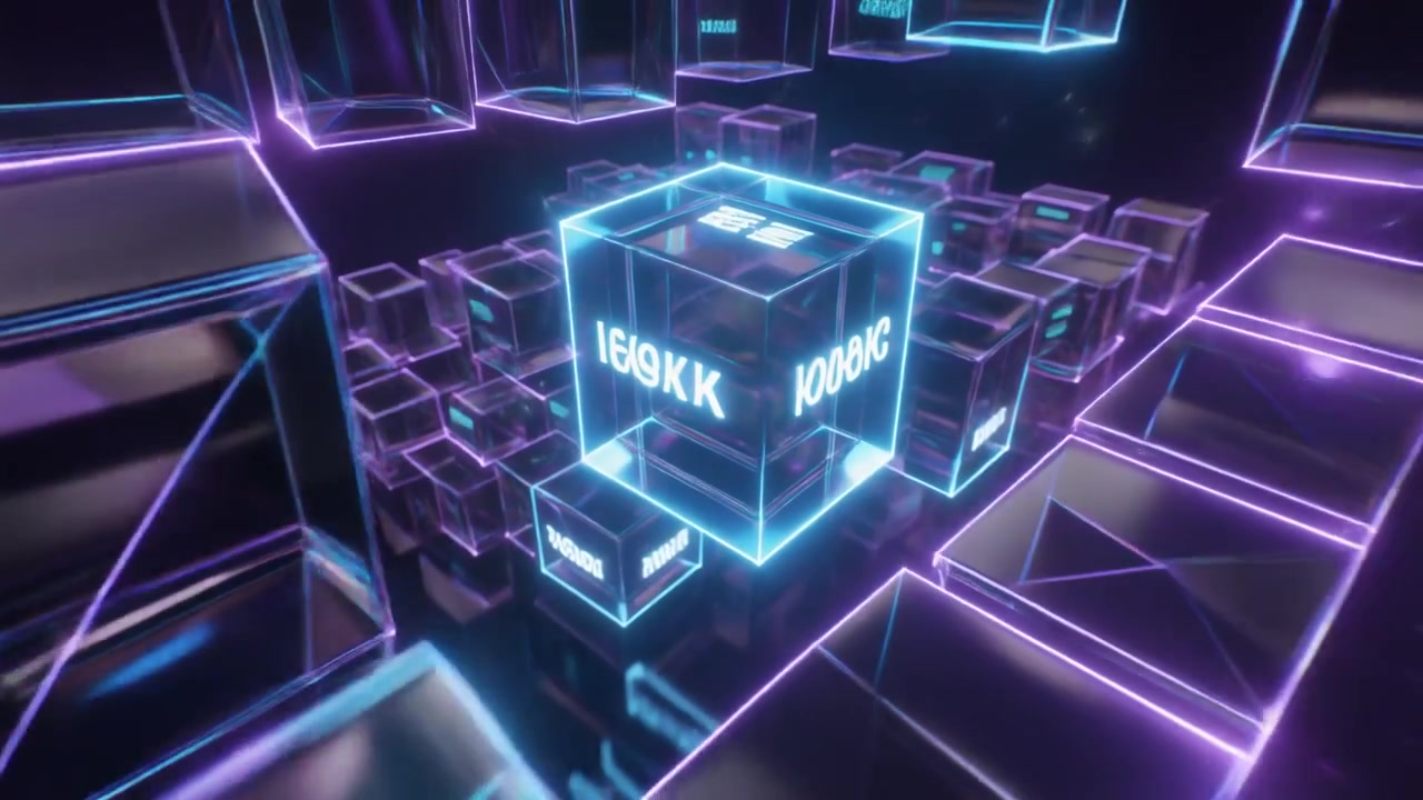 Abstract Digital Grid of Glowing Neon Cubes in Cyberspace