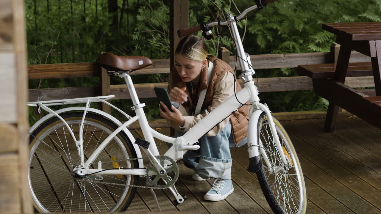 Woman using cellphone next to a bike
