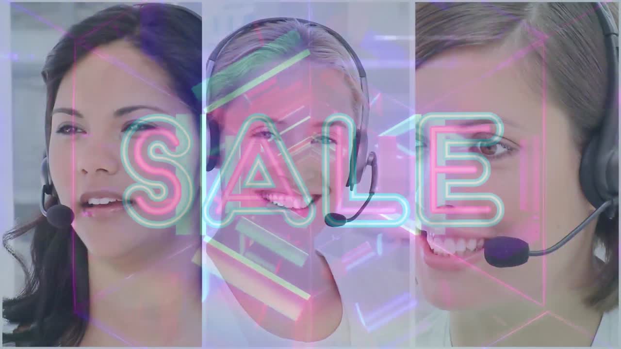 전화 헤드 ⁇ 을 사용하는 사업가 여성에 대한 판매 텍스트의 애니메이션