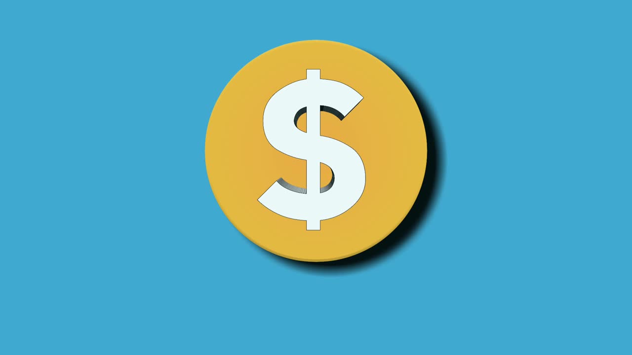 Animation af faldende og hoppende dollar mønt og pengesymbol som motion graphics på blå baggrund