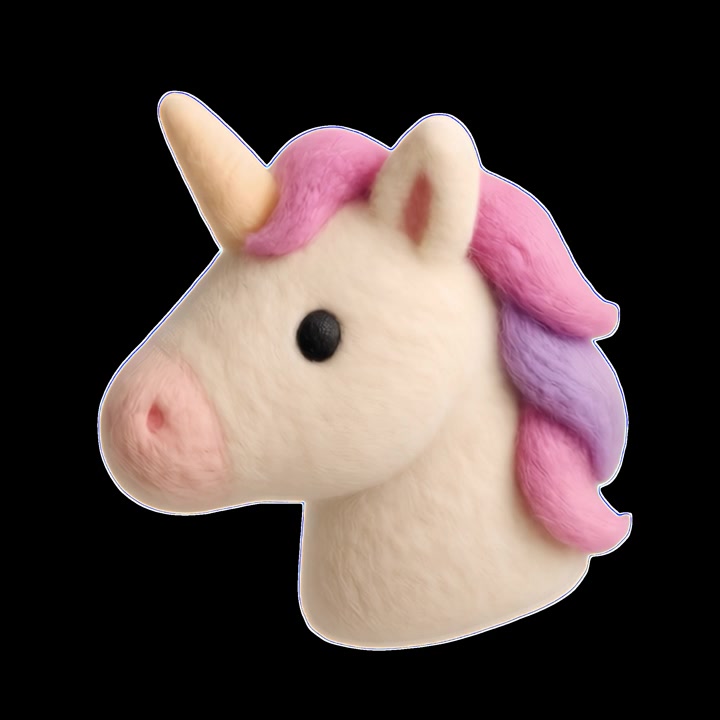 Animated Felt Unicorn Head Rotating Against Black Background